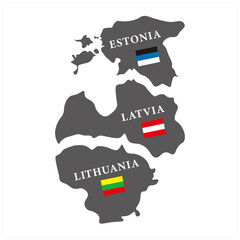 Vector illustration map of European Baltic sea states countries (Estonia, Lithuania, Latvia)  white background and national flag - obrazy, fototapety, plakaty