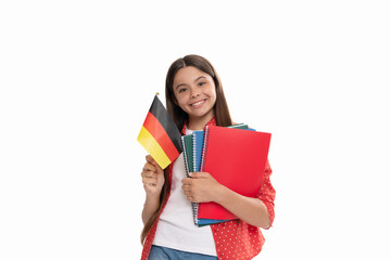 happy kid hold german flag and school copybook for studying isolated on white, foreign language