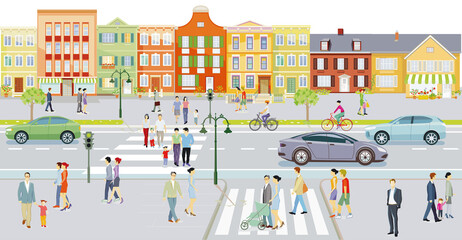 Stadt mit Häusern und Verkehr, Fußgänger auf dem Bürgersteig – Illustration