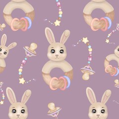 Newborn decorative nipple and rabbit rattle toy seamless pattern. Hand drawn watercolor baby accessories seamless pattern on pink background. Design for a baby textile, clothes, wallpapers.