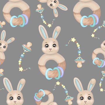 Newborn decorative nipple and rabbit rattle toy seamless pattern. Hand drawn watercolor cute kid's accessories seamless pattern on grey background. Design for a baby textile, clothes, wallpapers.