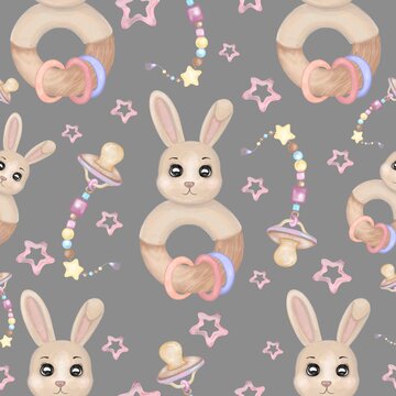 Baby decorative nipple and rabbit rattle toy seamless pattern. Hand drawn watercolor cute newborn accessories seamless pattern on grey background. Design for a baby textile, clothes, wallpapers.