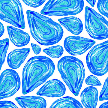 Blue oysters seamless pattern, watercolor seashells print, marine background. 