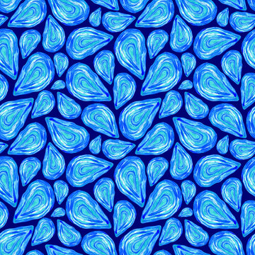 Blue oysters seamless pattern, watercolor seashells print, marine dark blue background. 