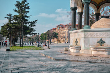 Turkey istanbul 03.03.2021.Sultanahmet square and old ancient public fountain established by...