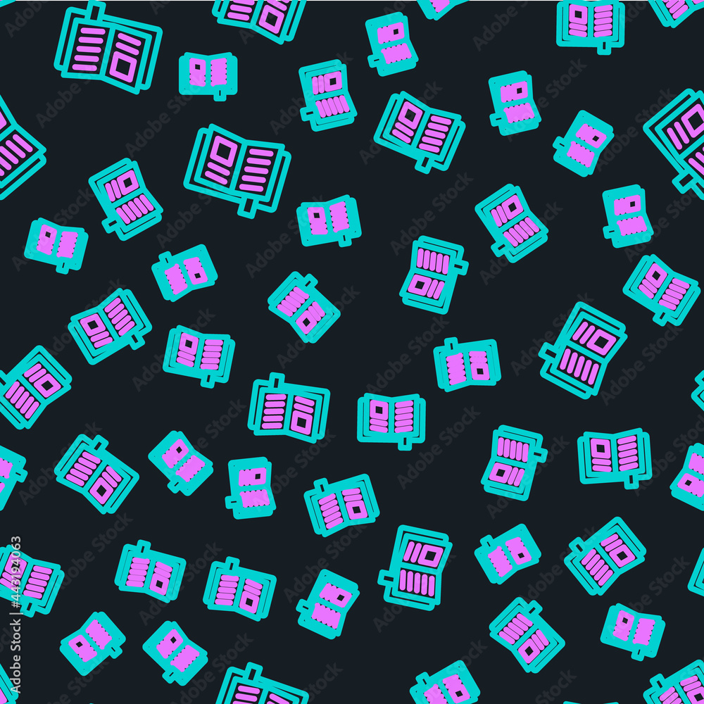 Poster line reading book icon isolated seamless pattern on black background. vector