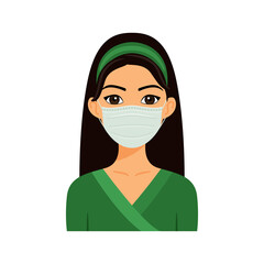Isolated beautiful Indian woman wears medical mask on face. Avatar of a Turkish girl in a medical mask. Brazilian lady protection from infections and coronavirus. Flat cartoon color style. Vector.