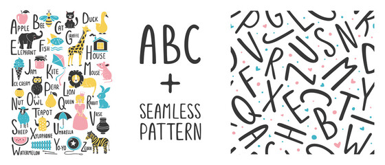 Cute ABC set. Bright English alphabet for children with seamless pattern. Funny vector illustrations and handwritten letters
