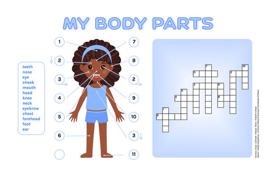Crossword puzzle about my body parts and Cute African Black girl. Intellectual game on anatomy and biology for kids. Workpage to print. Flat cartoon color style. White background. Vector illustration.