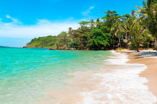 Tropical landscape at Koh Kood is a tropical island with emerald green water and beautiful tropical beaches in the clear blue sky