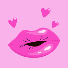 Color illustration of voluminous plump lips. Bright tender lips with hearts for Kissing Day. Air kiss. Template for postcards, banners, printing. Vector for Valentine's Day on a pink background.
