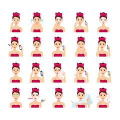 Care and Procedures for the Skin and Face. Cute Lady Remove Makeup, Washes, Applies a Cream and Uses a Mask for the Health and Beauty. Flat Color Cartoon Style. White background. Vector illustration.