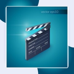 Fototapeta na wymiar Clapperboard film production industry equipment isolated on blue background vector illustration