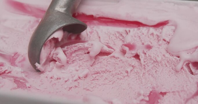 Scoop Slow-motion strawberry ice cream, Top view Blank for design.