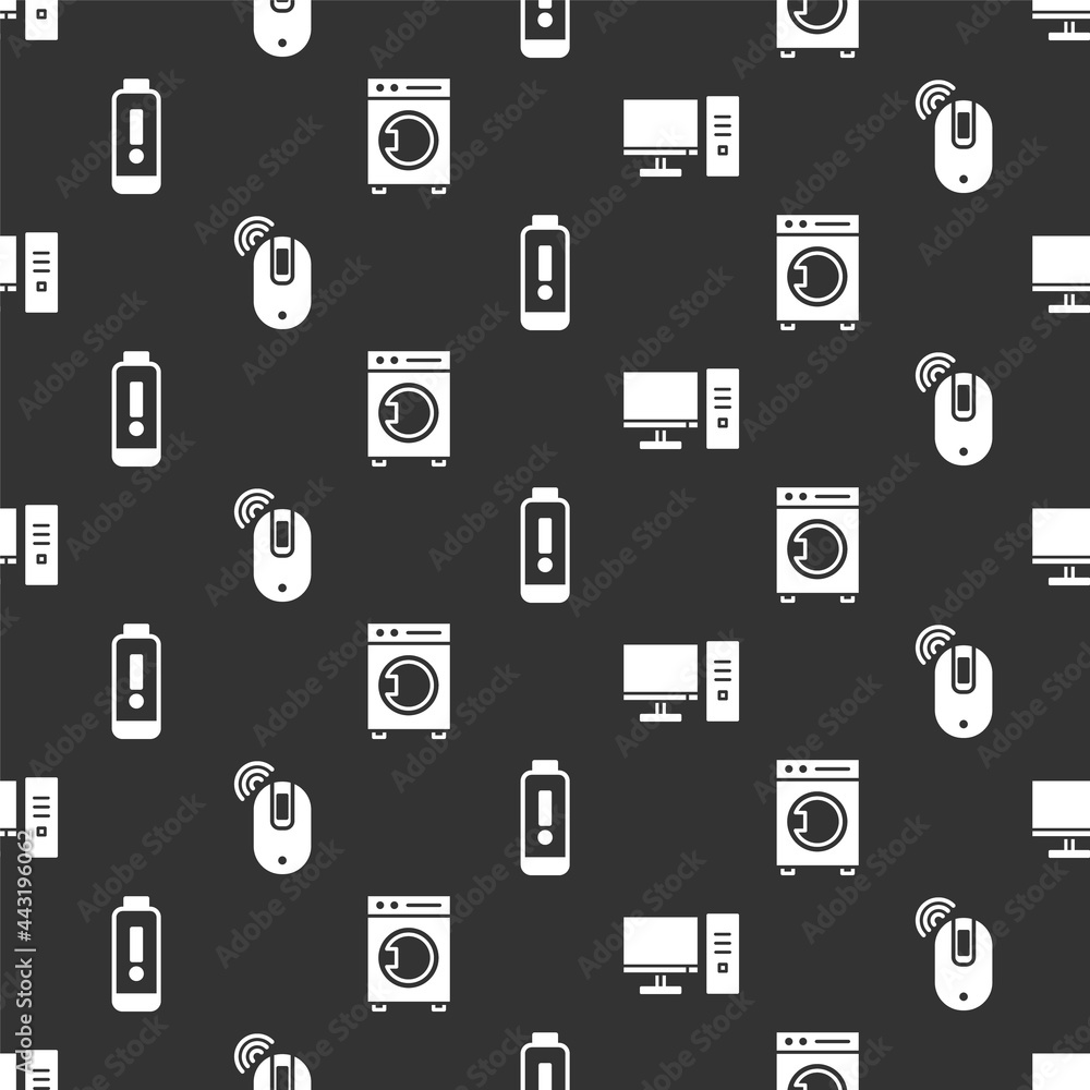 Poster Set Computer monitor, Wireless computer mouse, Battery charge level indicator and Washer on seamless pattern. Vector
