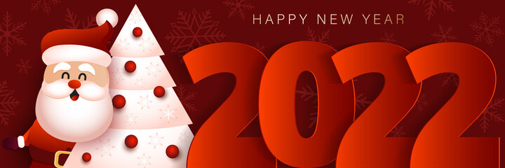Christmas banner with santa claus and christmas tree. Merry christmas and happy new year banner 2022