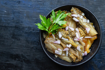 eggplant salad snack pickled vegetable on the table healthy food meal copy space food background rustic. top view veggie vegan or vegetarian food 