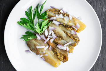 eggplant salad snack pickled vegetable on the table healthy food meal copy space food background rustic. top view veggie vegan or vegetarian food 