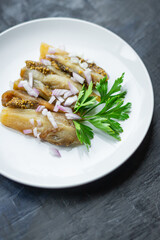 eggplant salad snack pickled vegetable on the table healthy food meal copy space food background rustic. top view veggie vegan or vegetarian food 