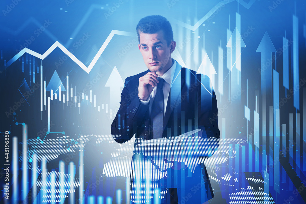 Poster businessman checking notes in notebook. digital graph of stock m