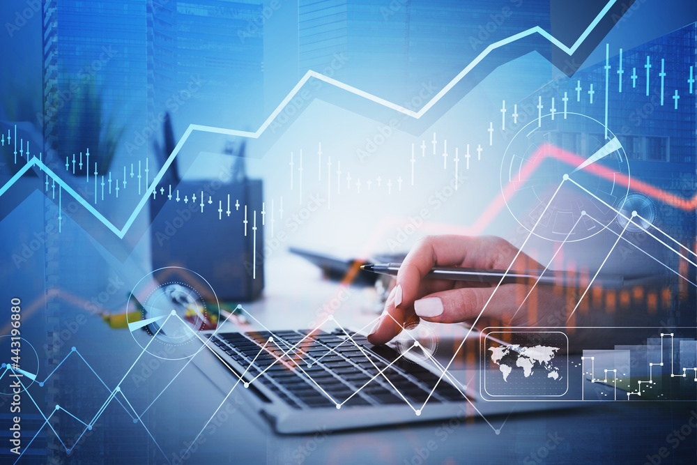 Poster businesswoman hands or stock trader analyzing stock graph chart by using laptop to buy or sell stock