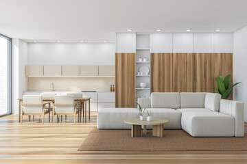 Panoramic kitchen with sofa, beige