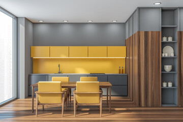 Yellow, grey kitchen area with panoramic view