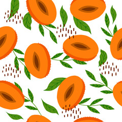 Seamless pattern with peach and leaves. Vector illustration with peaches for decorating dresses, clothes, fabrics, wallpapers. Flat doodle style. Hand-drawn. A sweet fruit for decorating a cafe.