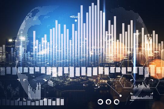 Singapore financial city center with night panoramic cityscape. Bar charts and digital interface on foreground with globe hologram. Concept of Asian stock markets