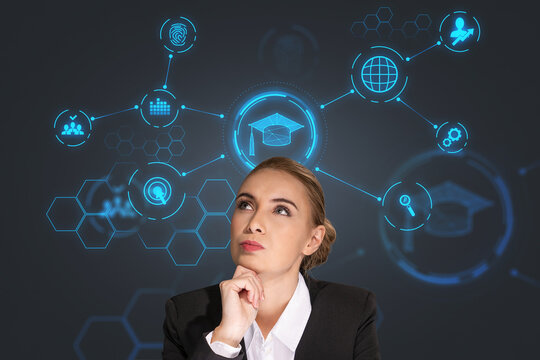 Thoughtful young businesswoman pondering about educational prospective in future career, master degree programs in business administration, postgraduate level. HR specialist