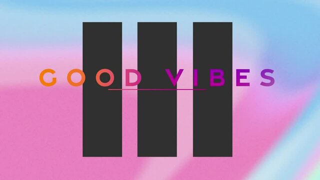 Animation of text good vibes, in orange and purple, over swirling pastel pink, yellow and blue