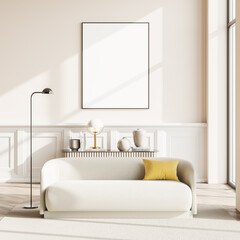 Room interior. Mockup poster with the sofa, beige.