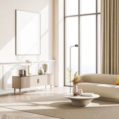 Poster in the modern panoramic designed living room interior, beige - obrazy, fototapety, plakaty