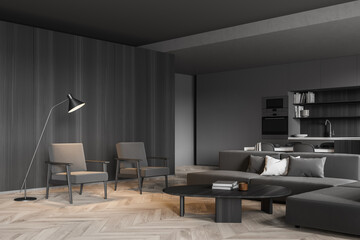 Corner view of dark grey living room, kitchen, with square niche