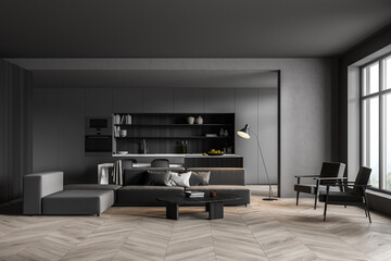 Living room, dark grey kitchen with lining