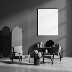 Room interior with empty mockup poster, devider and armchairs, dark grey