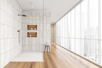 Panoramic shower room with grey beige tiling