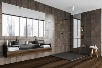 Corner of shower room with dark beige tiling - obrazy, fototapety, plakaty