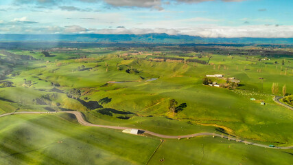 Aerial view of colourful New Zealand Countryside in spring season