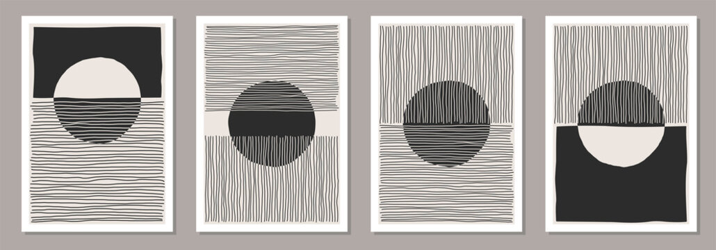 Trendy set of abstract creative minimalist artistic hand drawn composition