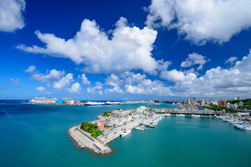 The aerial view of the harbor in Naha, Okinawa, Japan