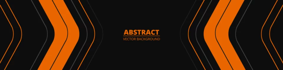 Deurstickers Black abstract wide horizontal banner with orange and gray lines, arrows and angles. Dark modern sporty bright futuristic horizontal abstract background. Wide vector illustration EPS10. © Biod
