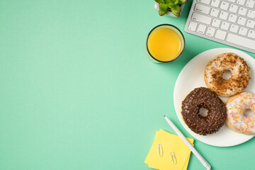 Top view photo of workplace keyboard pen clips sticky note paper plant glass of juice and three donuts on plate on isolated turquoise background with empty space