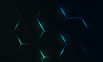 Dark hexagon gaming abstract vector background with blue and green colored bright flashes. Vector illustration. © Biod
