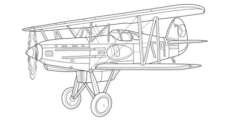 Adult military aircraft coloring page for book and drawing. Airplane. War-plane. Vector illustration. Vehicle. Graphic element. Plane. Black contour sketch illustrate Isolated on white background.