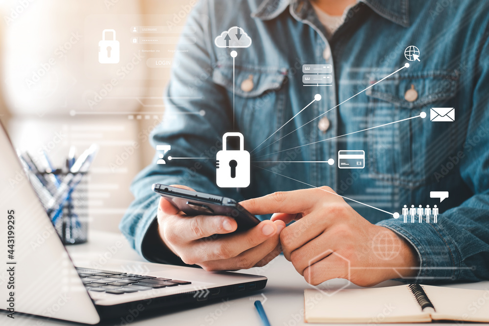Poster concept internet security and cyber network. businessman's hand works with a key icon virtual screen