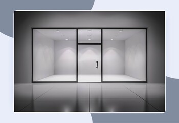 Empty illuminated store exposition interior realistic background vector illustration