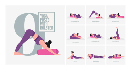 Set of Yoga poses with Bolster. Young woman practicing Yoga pose. Woman workout fitness, aerobic and exercises. Vector Illustration.	
