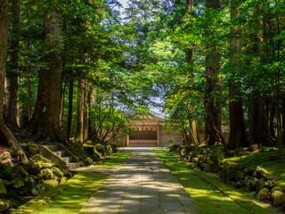 Wooden palace for shinto priests (Yahiko shrine, Yahiko, Niigata, Japan) - obrazy, fototapety, plakaty