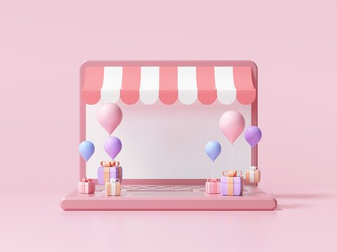 3D Online Shopping On Laptop Computer Concept. Online Store, 3d Render Illustration